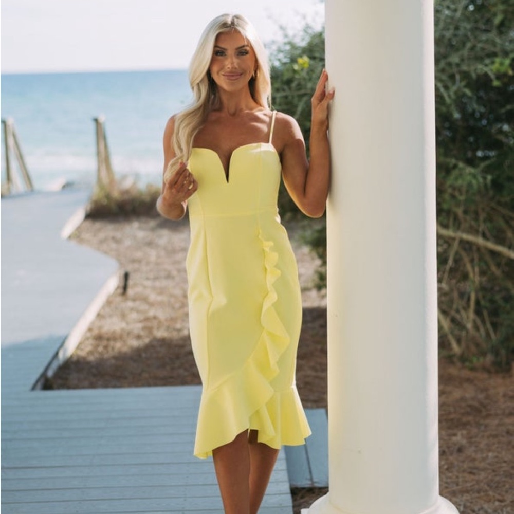 These Three side ruffle midi dress in Lemon